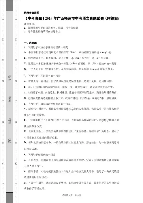 【中考真题】2019年广西梧州市中考语文真题试卷(附答案)