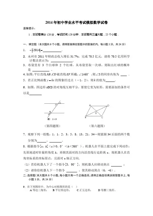 2014年虎跳中学中考数学模拟试题 (15)