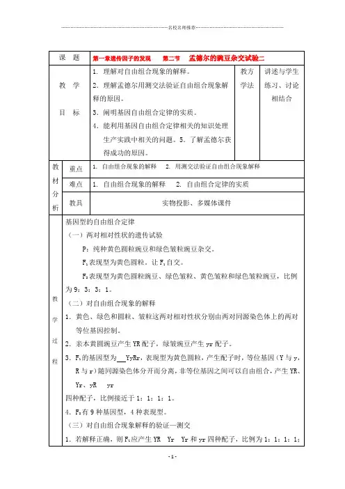 高中生物：1.2 孟德尔的豌豆杂交实验(二) 名师精选教案(1)(新人教版必修2)
