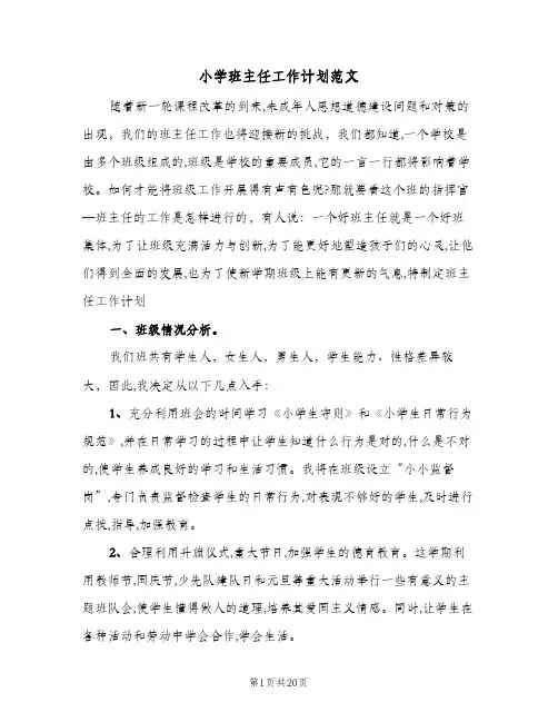 2024年小学班主任工作计划范文（6篇）