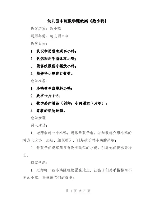 幼儿园中班数学课教案《数小鸭》