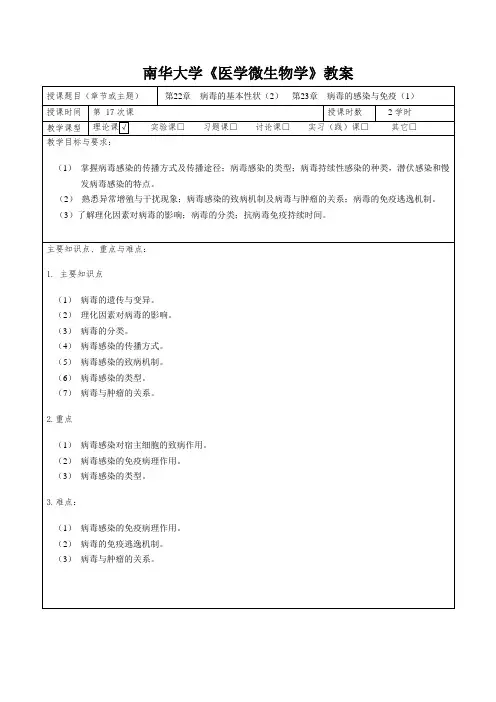《医学微生物学》教案  病毒的基本性状(2)  第23章  病毒的感染与免疫(1)