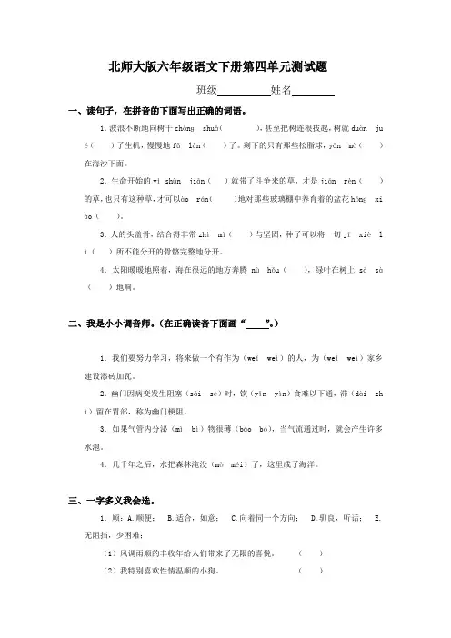 北师大版六年级下册语文第4单元试卷