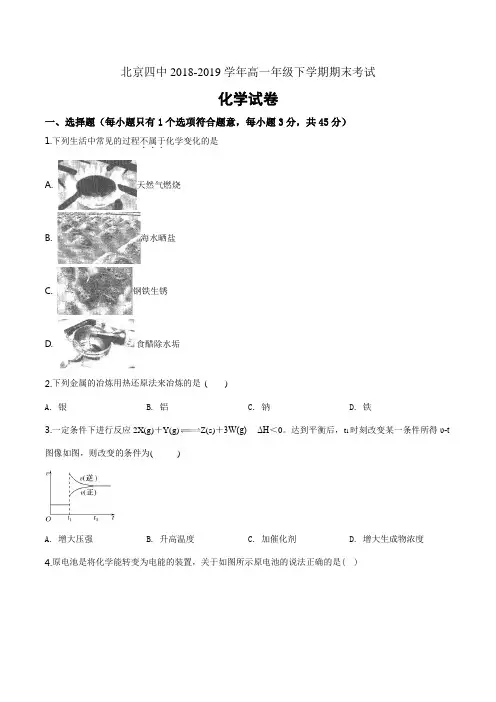 北京四中2018-2019学年高一下学期期末考试化学试题(原卷版)