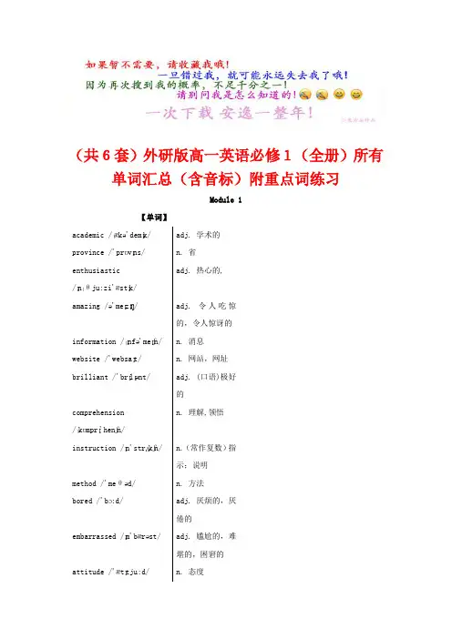 (共6套)外研版高一英语必修1(全册)所有单词汇总(含音标)附重点词练习