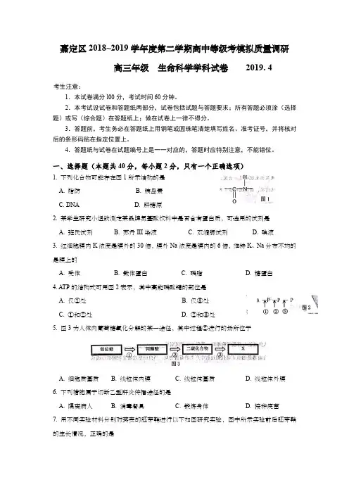 上海市嘉定区2019年高三第二学期期中(二模)学科质量检测生命科学试题