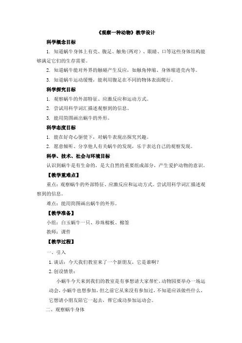 《观察一种动物》(教案)一年级下册科学教科版