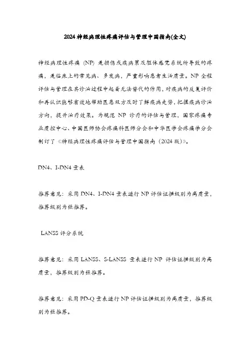 2024神经病理性疼痛评估与管理中国指南(全文)