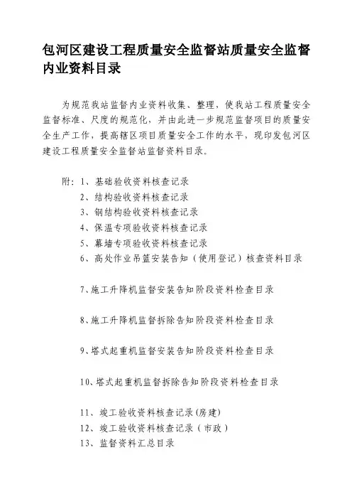 [汇总]包河区建设工程质量安全监督站质量安全监督内业资料目录（1）