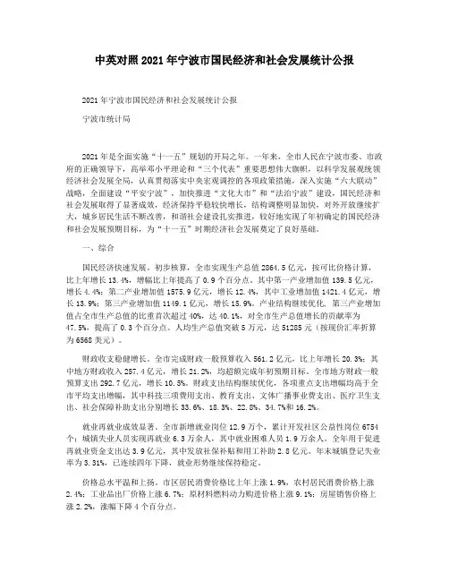 中英对照2021年宁波市国民经济和社会发展统计公报