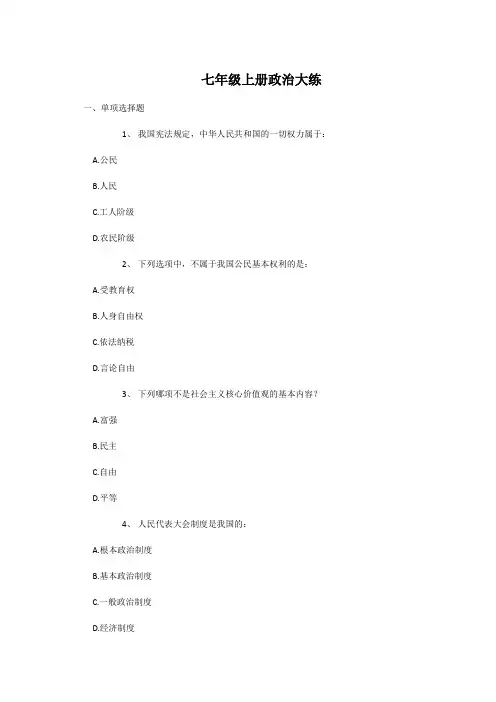 七年级上册政治大练