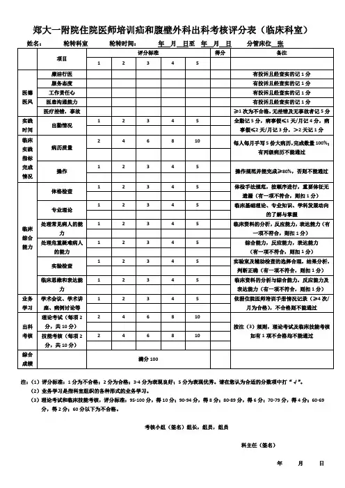 郑大一附院规培出科考核评分表(临床科室)