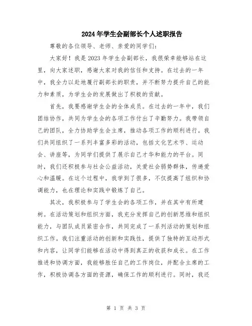 2024年学生会副部长个人述职报告