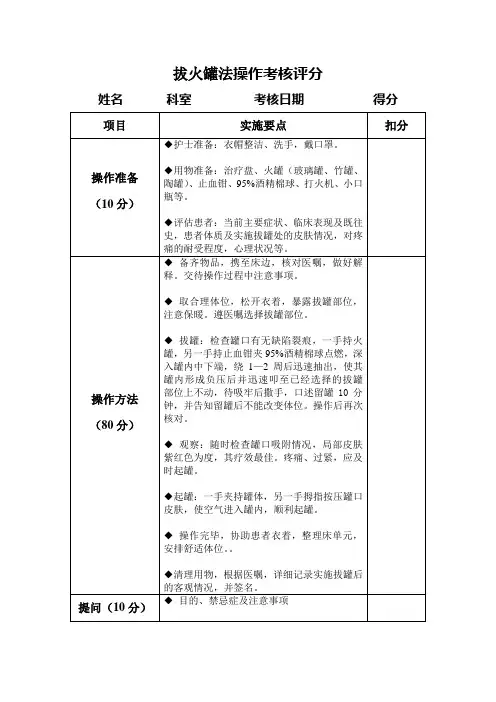 拔火罐法操作考核评分标准