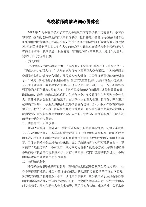 2013高校教师岗前培训心得体会