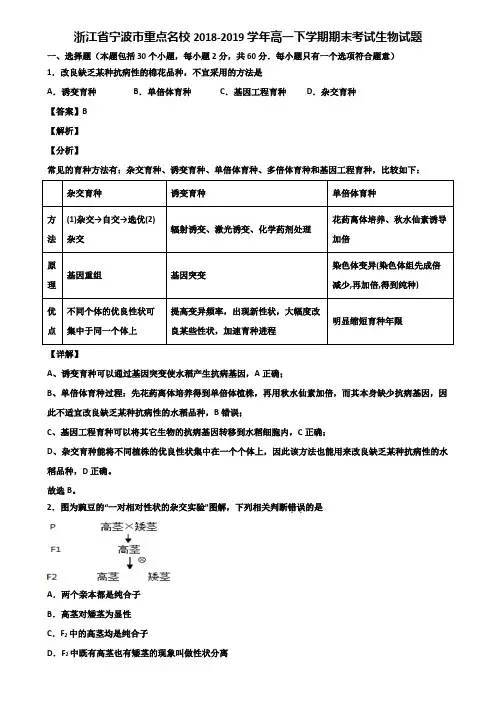 浙江省宁波市重点名校2018-2019学年高一下学期期末考试生物试题含解析