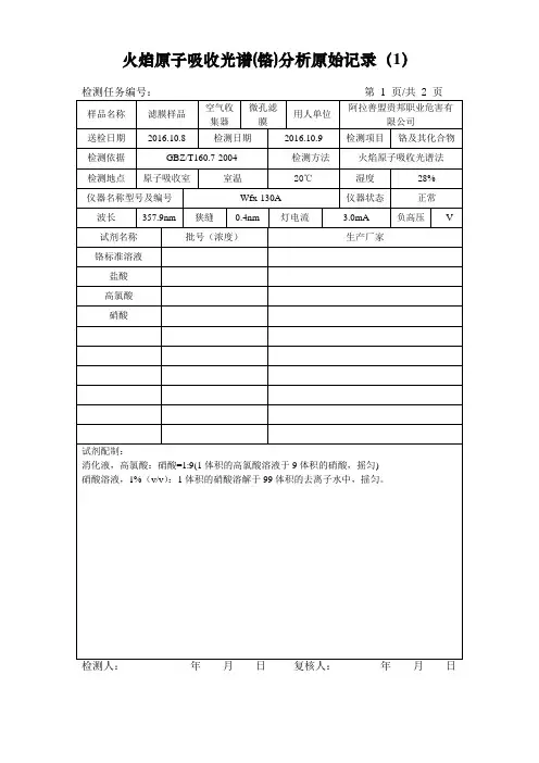 火焰原子吸收光谱分析原始记录