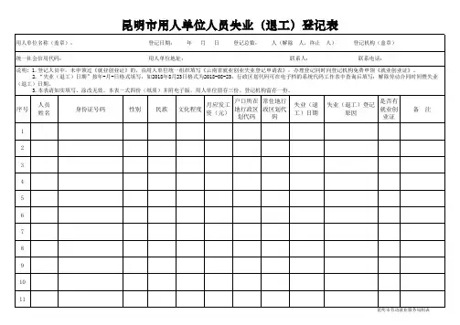 昆明市用人单位人员失业(退工)登记表(2018)1111