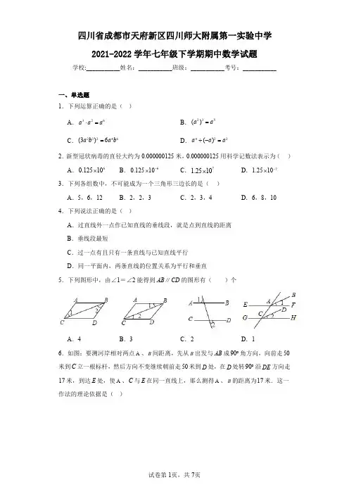四川省成都市天府新区四川师大附属第一实验中学2021-2022学年七年级下学期期中数学试题