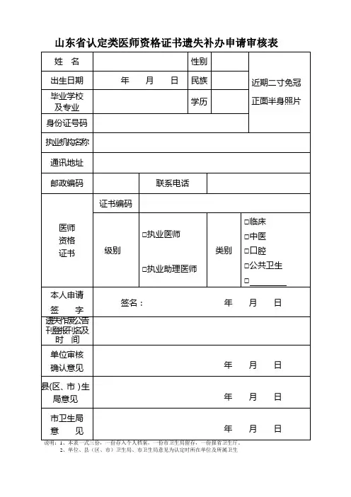 山东省认定类医师资格证书遗失补办申请审核表