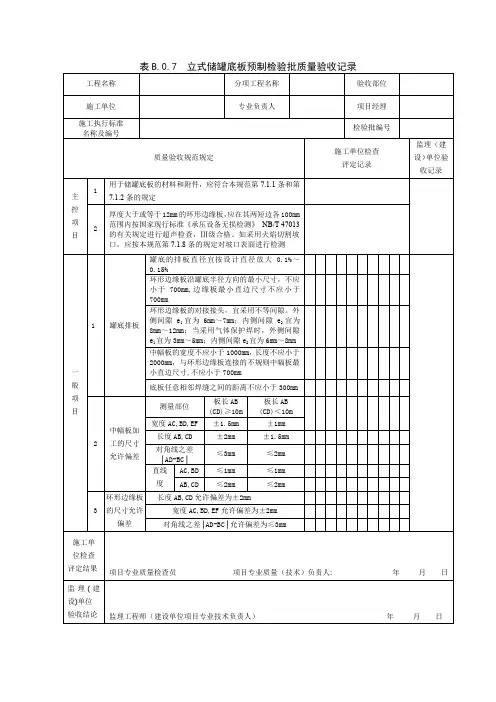 表B.0.7  立式储罐底板预制检验批质量验收记录