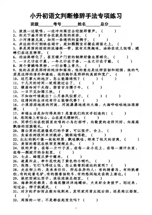 小学语文部编版小升初《判断修辞手法》专项练习题(附参考答案)