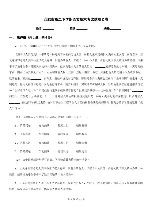 合肥市高二下学期语文期末考试试卷C卷