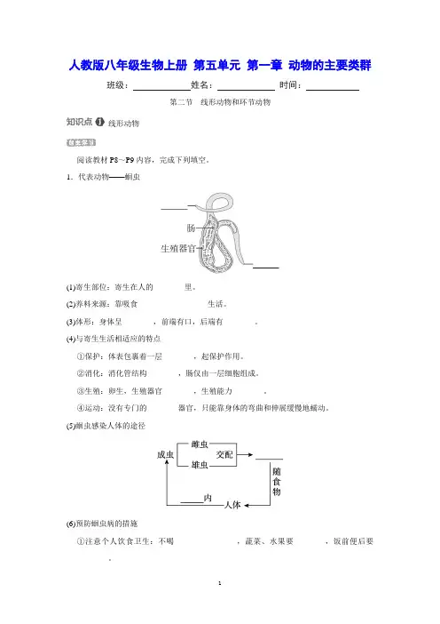 人教版八年级生物上册 第五单元 第一章 第二节 线形动物和环节动物 课时同步练习(含详细解答)