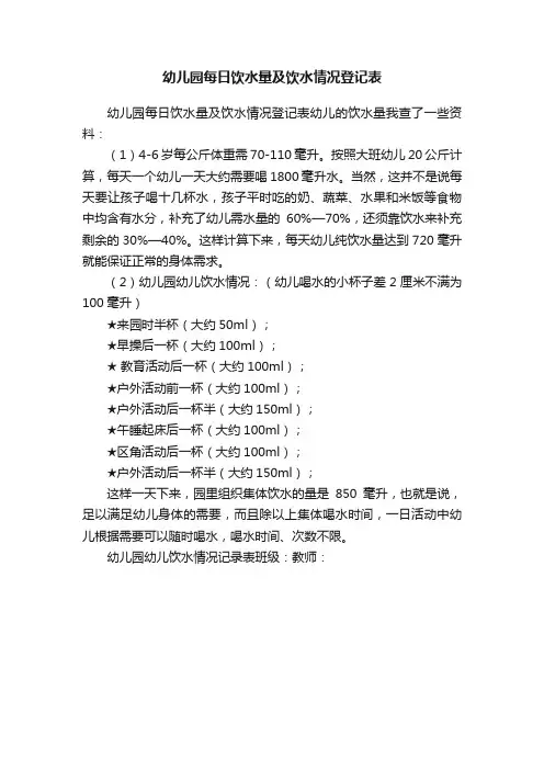 幼儿园每日饮水量及饮水情况登记表