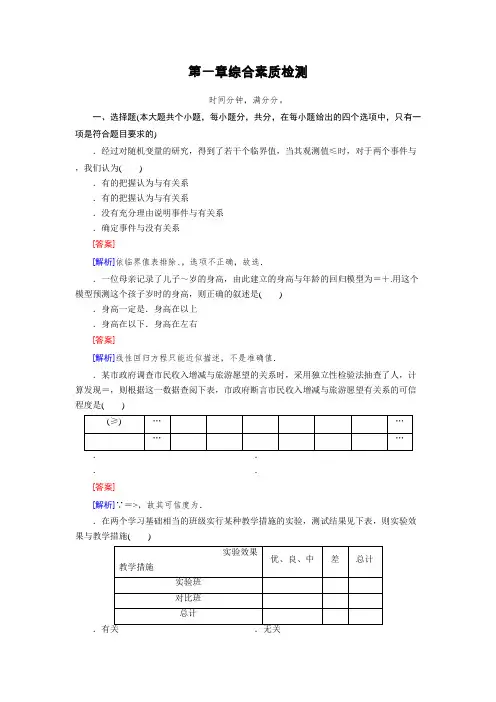高中数学人教版选修1-2习题第1章 统计案例 综合素质检测1 Word版含解析