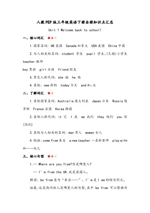 人教PEP版三年级英语下册全册知识点汇总