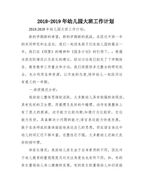 2018-2019年幼儿园大班工作计划