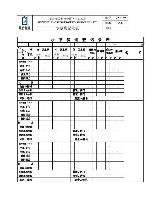 水泵房巡查记录表