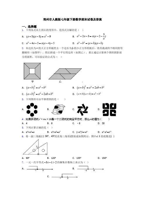 郑州市人教版七年级下册数学期末试卷及答案