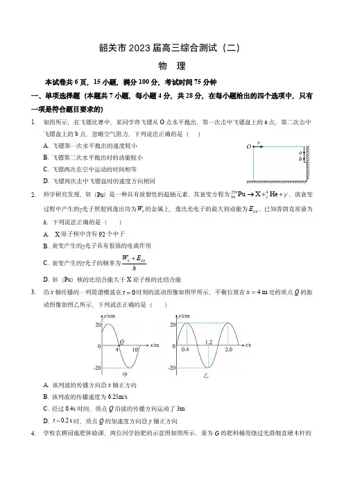 2023年广东省韶关市高三二模物理试卷(含答案与部分解析)