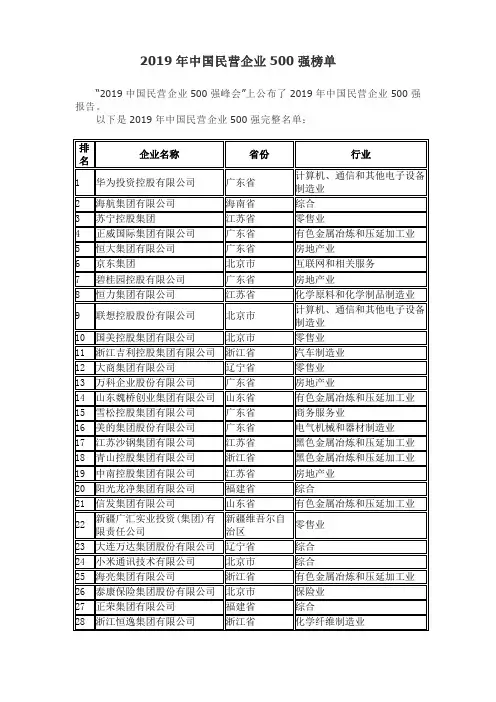 2019年中国民营企业500强