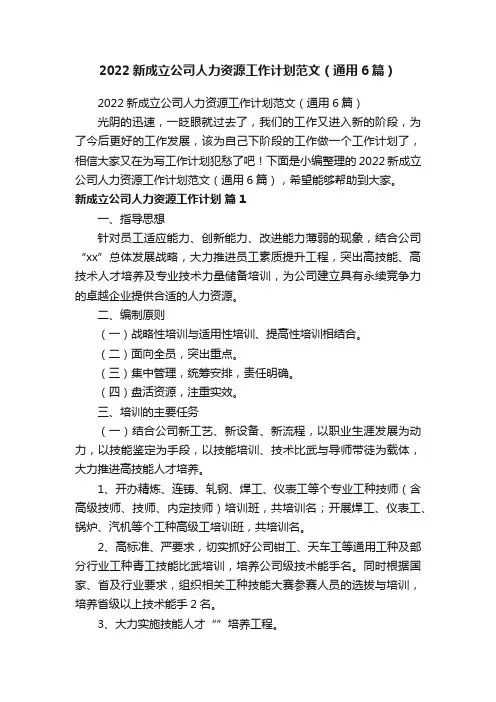 2022新成立公司人力资源工作计划范文（通用6篇）
