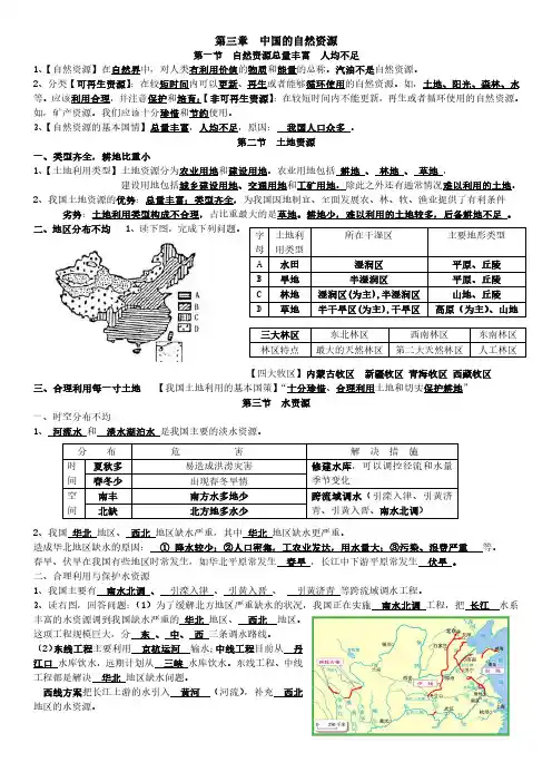 人教版地理八年级上第三、四章复习提纲