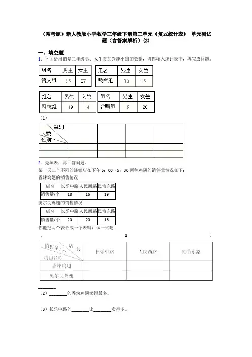 (常考题)新人教版小学数学三年级下册第三单元《复式统计表》 单元测试题(含答案解析)(2)