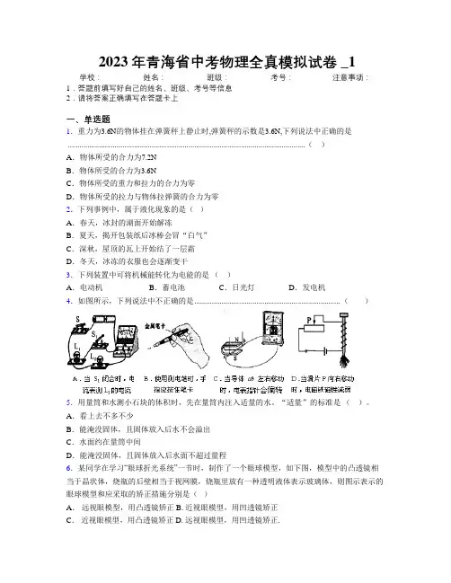 2023年青海省中考物理全真模拟试卷附解析_1