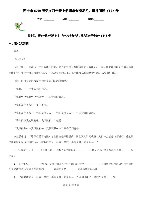 西宁市2019版语文四年级上册期末专项复习：课外阅读(II)卷