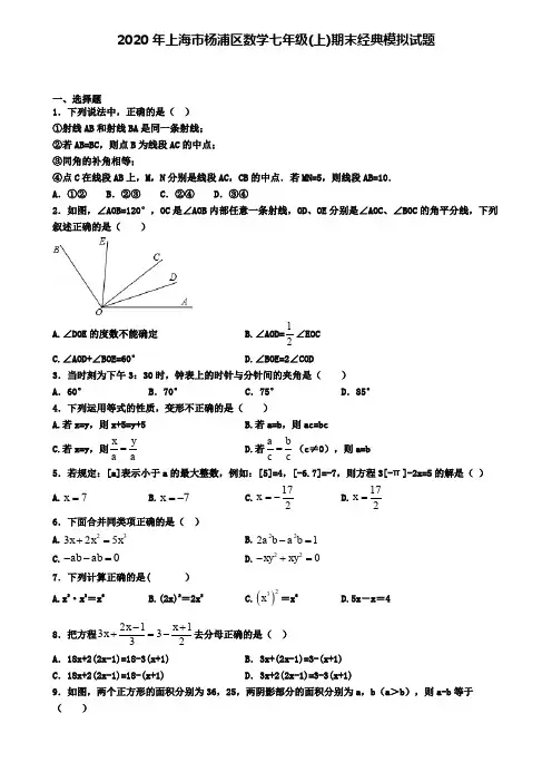 2020年上海市杨浦区数学七年级(上)期末经典模拟试题