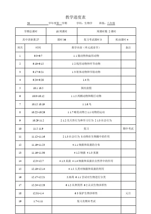 人教版8上生物学教学进度表(课时计划)