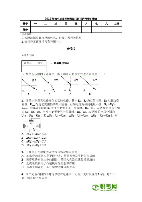 2012年初中毕业升学考试(四川泸州卷)物理