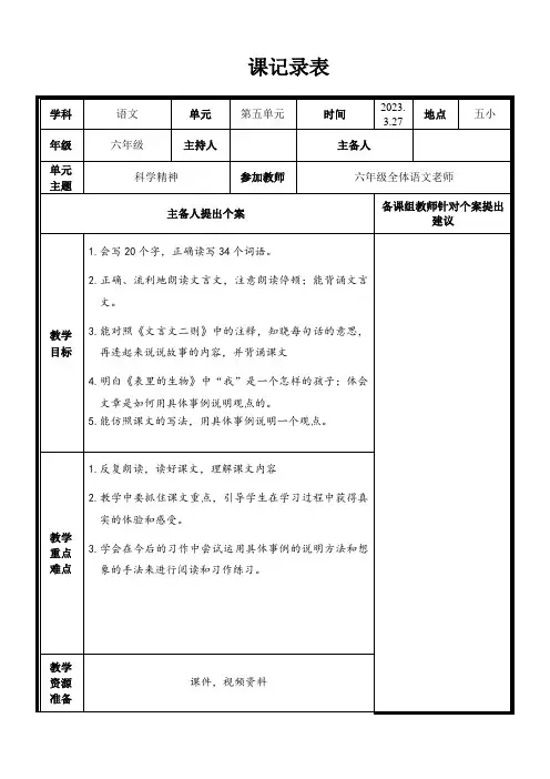小学六年级语文下册(第五单元)集体备课记录表