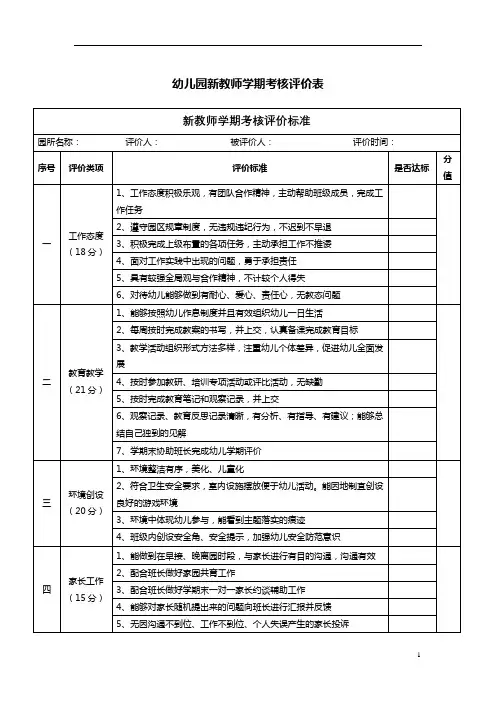 【必备收藏】幼儿园新教师学期考核评价表