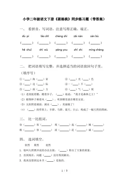 小学二年级语文下册《画杨桃》同步练习题(带答案)