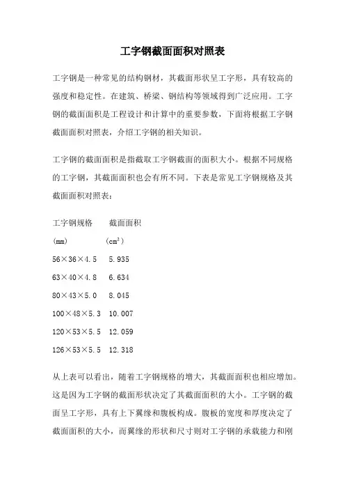 工字钢截面面积对照表