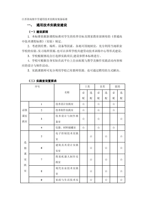 江苏省高级中学通用技术实践室装备标准