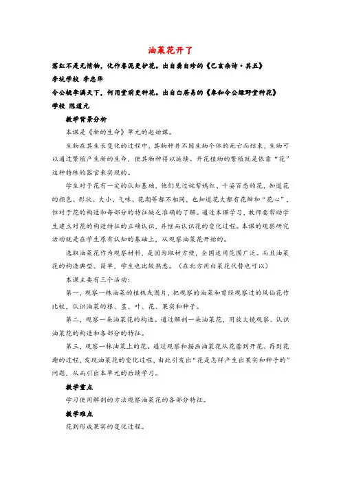 教科版科学四年级下册《油菜花开了》教学设计
